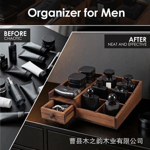 Caja organizadora de cosméticos de madera con cajones y compartimentos para maquillaje de escritorio y productos de cuidado de la piel - Product Image 4