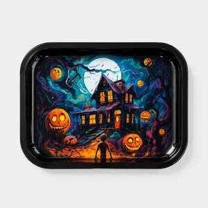 Bandeja Metálica Decorativa para Fumar Hierbas con Estampado de Halloween: Casa Encantada, Calabaza, Zombi y Luna Llena, con Pincel de <span class=keywords><strong>Pintura</strong></span> Gruesa - Product Image 1