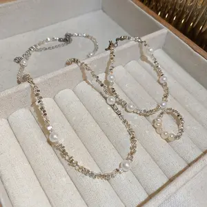 Gebroken Zilveren Ketting Armband Set Met Parel Mode Sieraden Voor Vrouwen