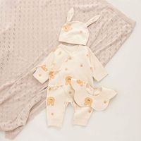 Ensemble de vêtements pour nouveau-né printemps-automne : barboteuse imprimée à manches longues en coton pour bébé garçon et fille, avec chapeau et bavoir anti-bave