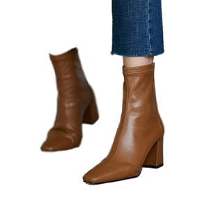 French Brown Western Peep Toe Ankle <b>Boots</b> Slim Retro Fall Mid-Tube Square Chunky Heel Elastic Zipper PU Upper Waterproof - Product Image 3