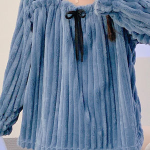 SAMWESTART <span class=keywords><strong>invierno</strong></span> grueso cálido franela pijamas mujeres Casual suelto grandes yardas grasa rayas terciopelo señoras ropa de casa traje - Product Image 6