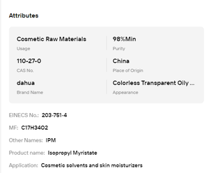 Miristato de isopropilo (IPM) líquido al 98% mín., CAS 110-27-0, lubricante para la piel, disolvente de maquillaje, emoliente cosmético, materia prima CAS 110-27-0 - Product Image 6