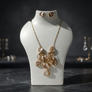 Parure de bijoux en pierre naturelle plaquée or, collier pendentif massif et boucles d'oreilles clous, design cercle superposé, cadeau - Product Image 2