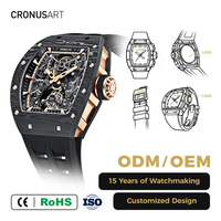 Montre-bracelet mécanique tonneau de luxe pour homme, cadran en cristal saphir, bracelet en caoutchouc, réserve de marche de 38 heures, boîtier en fibre de carbone noire, luminescent