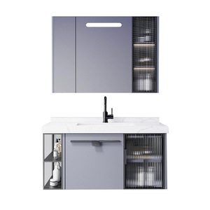 Mueble de Baño Gris con Espejo y Gabinete, Lavabo de Cerámica de Una Pieza, Madera Sólida Multicapa - Product Image 4