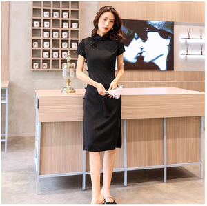 Gary doble capa color sólido negro <span class=keywords><strong>Qi</strong></span> <span class=keywords><strong>Pao</strong></span> de longitud media chino elegante temperamento cheongsam vestido de fábrica - Product Image 3