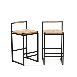 Taburetes de bar tejidos con jacinto de agua y respaldo, sillas de comedor de altura media para cocina, hogar u oficina - Product Image 1