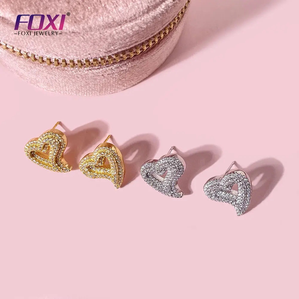 Foxi đồ trang sức bán buôn 18K vàng mạ Iced out Bling tim bông tai CZ Micro Pave Hearts Stud Bông tai cho phụ nữ