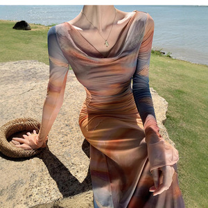 French Style Sunset Tie Dye Print Halter Neck Mesh Dress Tight Waist Elegant Slimming Orange Polyester Women's Sweater Dress - Product Image 5