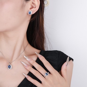 Parure de bijoux multicolore en zircon bleu 3 pièces : bague, boucles d'oreilles, collier pour femme, fiançailles, mariage, en laiton rhodié, cadeau - Product Image 5