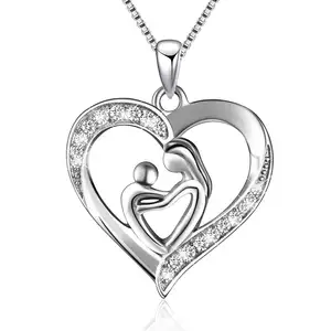 Silver Jewelry Gifts for Grandmother Mom Daughter Wife Mother and Child Love Heart Pendant Necklace