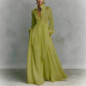 Women Solid Chiffon Woven Washable Pleated Long Sleeve Maxi Dress Cinched Waist <b>Vintage</b> Vacation Dress - Product Image 4