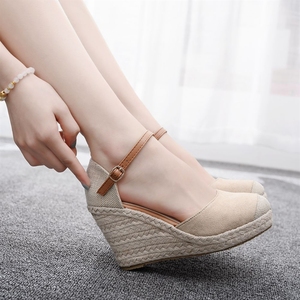 Sandales compensées espadrilles en gros avec bride de cheville, tige en toile, semelle en jute, chaussures d'été pour femmes, logo personnalisé, faible MOQ, livraison rapide - Product Image 2