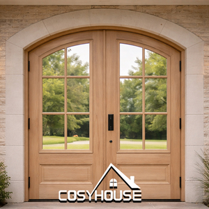 Luxury Wooden Double Front Entry Door with Square Lattice Panel Design and Sidelights for Villa Entrance - Product Image 6