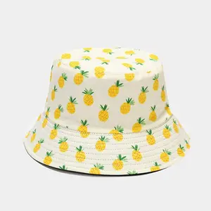 YJL High Quality Tropical Fruit Pineapple Mango Print Double Sided Fisherman Hat Outdoor Casual Sunshade Foldable Bucket Hats