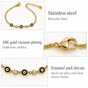 Bracelet à breloques en zircon noir, acier inoxydable, placage sous vide or 18 carats, émail et zircon, chaîne réglable, bijoux - Product Image 2