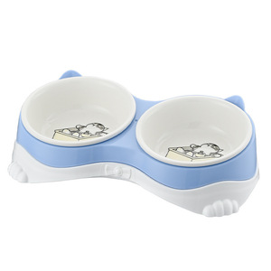 Double bol en céramique pour animaux de compagnie avec protection du cou, ensemble d'alimentation pour chat et chien, forme arrondie, facile à nettoyer, design anti-renversement - Product Image 3