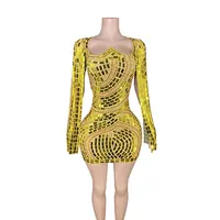 Robe moulante une pièce pour femme à manches longues, avec paillettes dorées, cristaux et maille diamantée, séchage rapide, effet illusion, pour soirée