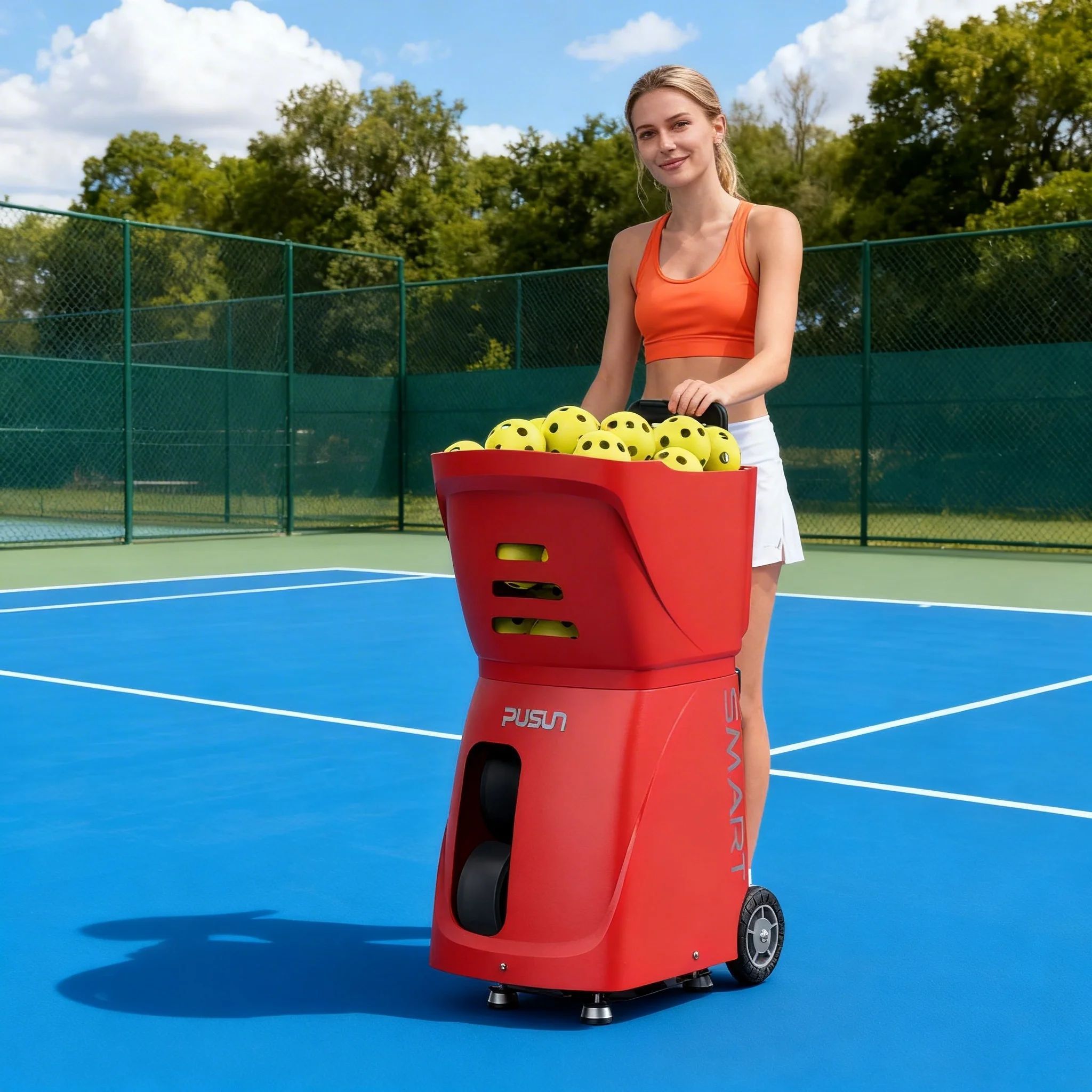 Professional Portable Pickleball Training Machine PUSUN ABS 120+ Balls 20-70 MPH Adjustable Speed 10 Modes APP+Remote Control