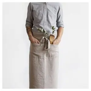 Light luxury European kitchen supplies simple waist apron textured 100%Pure flax linen Coffee Shop apron with pocket