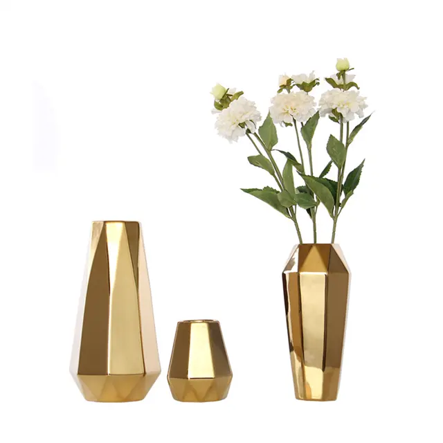 Vaso de cerâmica de ouro moderno minimalista, estilo nórdico, galvanizado, geométrico abstrato, dourado