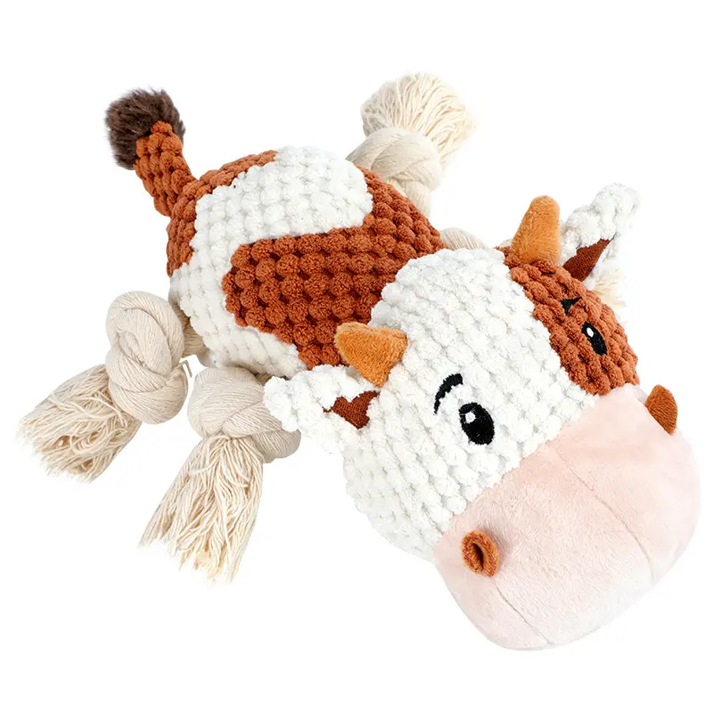 ZMaker nuovi giocattoli da masticare per cani con corde annodate interne e peluche di peluche a forma di mucca cigolante giocattoli per cani da masticare per cani