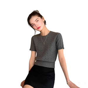 2025 OEM Supplier's Custom Women's <strong>Thin</strong> Cropped Sweater <strong>Jumper</strong> <strong>Ladies</strong> Casual Short-Sleeved Pullover with Twisted Cable Knit Crew Neck - Product Image 5