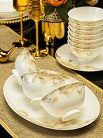 Luxuriöses Gold-Blumen-Knochenporzellan-Geschirrset Elegante Keramikschalen und -teller für Zuhause, Hochzeiten und Bankette Spülmaschinenfest