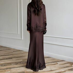Ensemble robe longue pour femme, café, polyester, dentelle, patchwork, style décontracté, style européen, tenue longue - Product Image 2