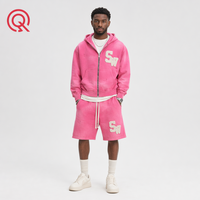 Nouveautés : Ensemble de survêtement personnalisé épais avec lettres en chenille, sweat à capuche zippé et short pour homme, rose délavé style vintage