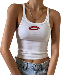 Logo 2025 personalizzato con ricamo da <span class=keywords><strong>donna</strong></span> bianco leggero Racerback sportivo allenamento traspirante <span class=keywords><strong>canotta</strong></span> a coste per ragazze estive - Product Image 1