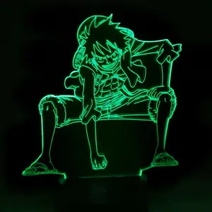 Luffy Lampu Malam LED 3D untuk Anak-anak, Lampu Meja Anime, USB, 7 Warna, Suasana, Lampu Tidur untuk Anak Laki-laki, Hadiah Ulang Tahun