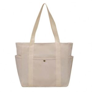 Eco Friendly Beige <b>Canvas</b> Tote Bag Spacious Multi Pocket Cotton Handbag Durable Straps Daily Shopping Work Commutes <b>Beach</b> Trips - Product Image 3