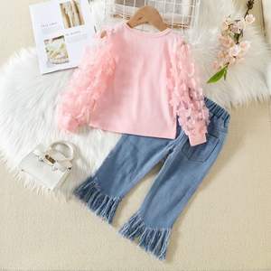 Groothandel <span class=keywords><strong>2</strong></span> Stuks Meisjes Kleding Sets Zomer Katoenen T-Shirt Denim Broek 3d Bloemen Lange Mesh Mouw Kralen Kwastje Lieve Kinderen - Product Image 6