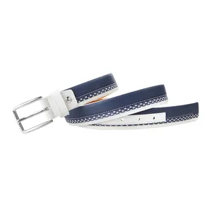 Mens Women Blue White Canvas Leather Belt for Golf