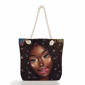 Sac de plage en corde personnalisé noir pour filles, imprimé, écologique, réutilisable, mignon, tendance, pour femme, sac de courses portable, vente en gros - Product Image 4
