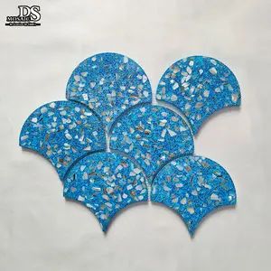 Polished Blue Fish Scale Shape Natural Mother of Pearl Shell Tile Waterjet Cut Parquet Mosaic for Interior Backsplash Kitchen Ti