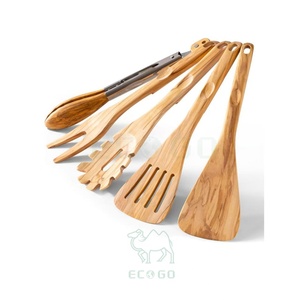 Juego de Utensilios de Cocina de Madera de Olivo y Bambú Natural Antiadherentes, 5 Piezas, Diseño Sostenible, Seguro para Alimentos, Antideslizante, con Ranuras para los Dedos - Product Image 1