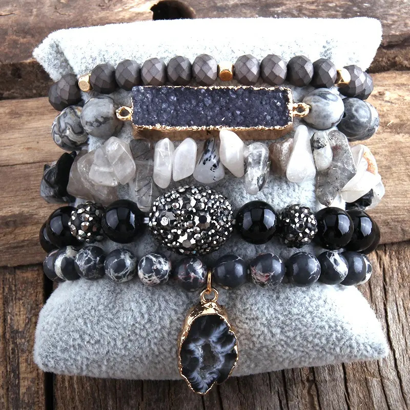 Conjunto de pulseras con piedras y cristales de cristal para mujer, joyería de moda, piedras elásticas con Chip Natural