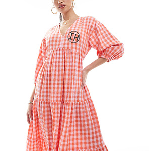 Abito di design da donna alla <span class=keywords><strong>moda</strong></span> con stampa a quadretti <span class=keywords><strong>Maxi</strong></span> abito Casual elegante con scollo a V 3/4 manica a lanterna abiti in cotone modesto - Product Image 3
