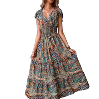 Robe longue décontractée pour femme, col en V, manches courtes, imprimé floral géométrique, taille haute, coupe trapèze fluide