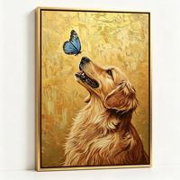 Tableau mural encadré Golden Retriever, peinture texture or papillon bleu, cadre or mat, décoration moderne pour appartement et condo