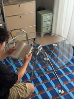 Table à manger ronde en verre de style minimaliste nordique avec pieds en métal chromé, meubles de salle à manger