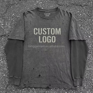 High quality Stone Wash Crew Neck Long <b>shirt</b> 100% Cotton for Men <b>waffle</b> thermal lining Acid Wash Long <b>shirt</b> Distressed for men - Product Image 1