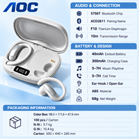 Écouteurs sans fil AOC OEM à oreille ouverte Bluetooth 6.0 avec crochet d'oreille, longue autonomie, son stéréo, fournisseur d'écouteurs personnalisés