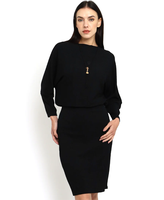 Robe Midi Femme Manches Longues Chauve-Souris, Col Bateau, Taille Élastique, Coupe Blouson Moulante, Noire, Idéale pour le Bureau et les Affaires - Grande Vente