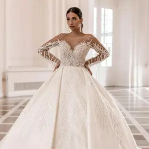 S0120H Luxury wedding ball gowns long sleeves V open back Heavy-bead Temperament gorgeous wedding dress