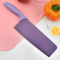 Ensemble de six couteaux de cuisine jetables en acier inoxydable avec manches en paille de blé, coloris macaron, revêtement ambidextre, bord droit