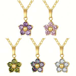 Collar de acero inoxidable con circonitas en forma de flor de ciruelo, estilo deportivo, cadena de eslabones galvanizada, colgante de flor, collar transfronterizo - Product Image 1